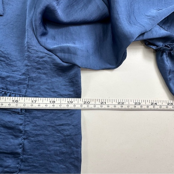 MISA Silky Romantic Button Blouse Womens Medium 3/4 Sleeves Ruffle Blue Satin - Picture 5 of 9